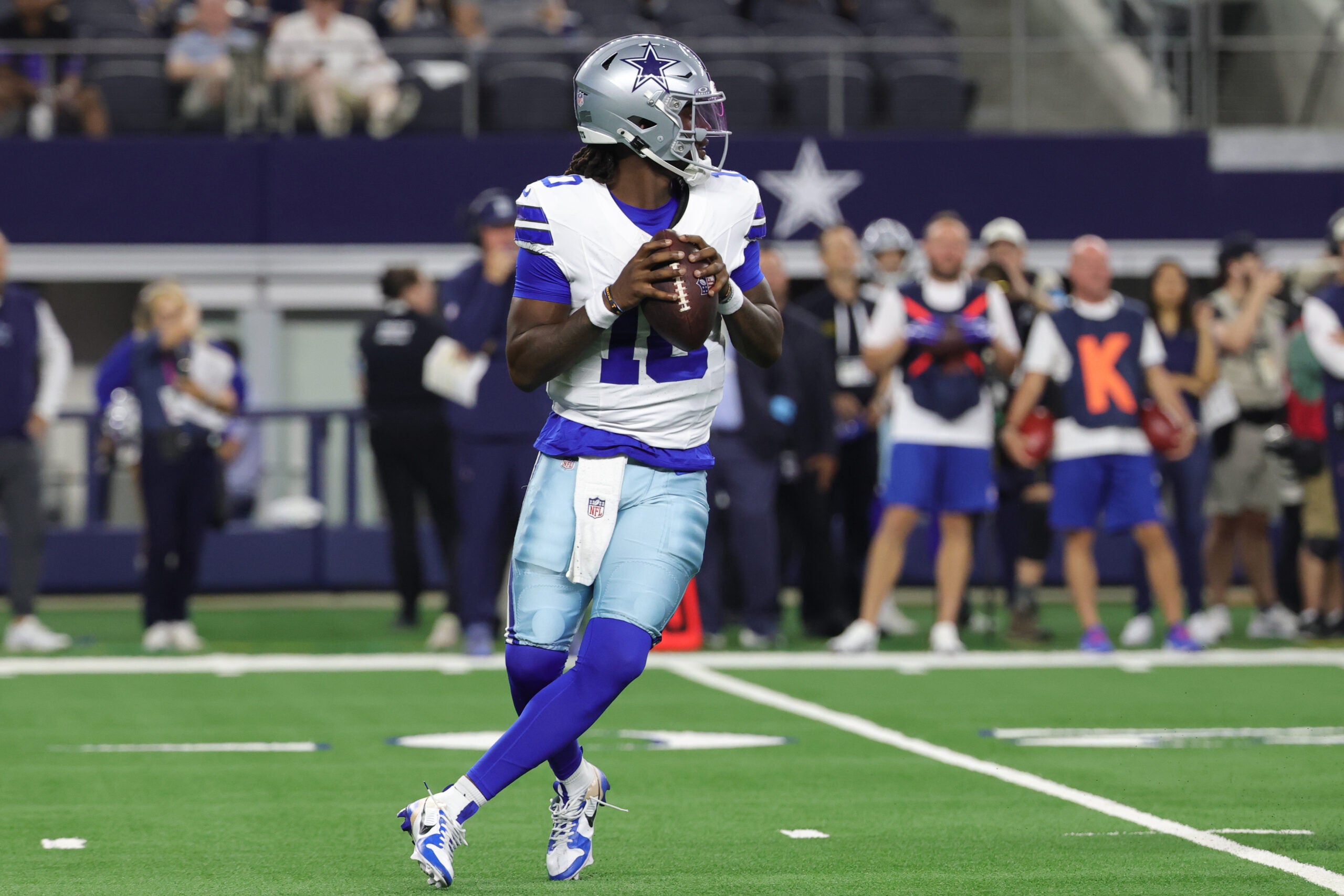 Aug 28, 2026; Arlington, Texas, USA; Dallas Cowboys quarterback Joe Milton III (10) looks to pass against the New Orleans Saints during the second quarter at AT&T Stadium.