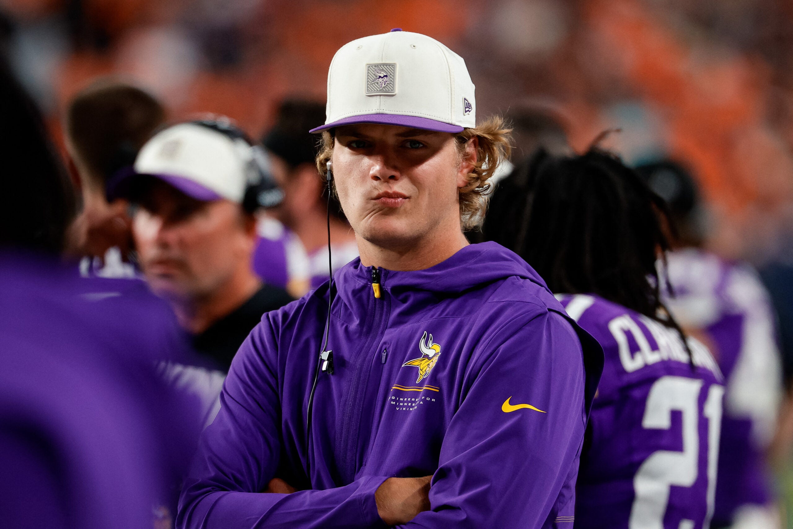 Aug 28, 2026; Denver, Colorado, USA; Minnesota Vikings quarterback J.J. McCarthy (9) looks on in the second quarter against the Denver Broncos at Empower Field at Mile High.