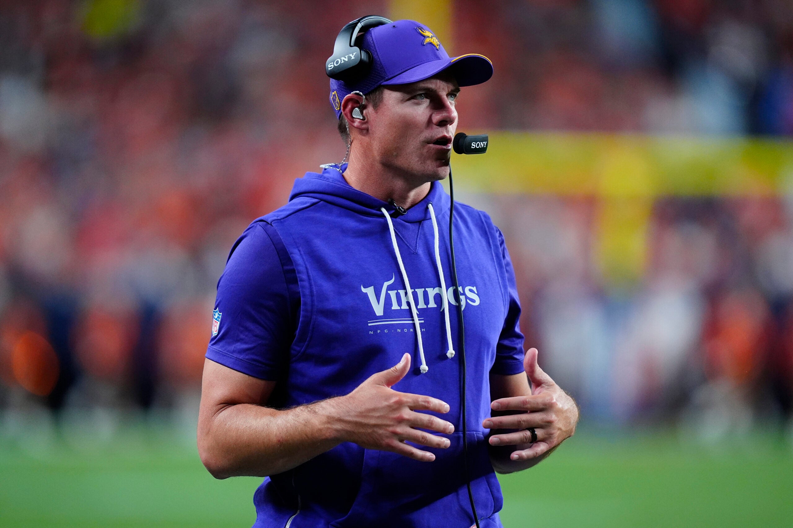 Aug 28, 2026; Denver, Colorado, USA; Minnesota Vikings head coach Kevin O'Connell during the second half against the Denver Broncos during a preseason game at Empower Field at Mile High.