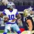 Aug 28, 2026; Arlington, Texas, USA; Dallas Cowboys quarterback Joe Milton III (10) throws past New Orleans Saints defensive end Michael Heldman (63) during the first half at AT&T Stadium.