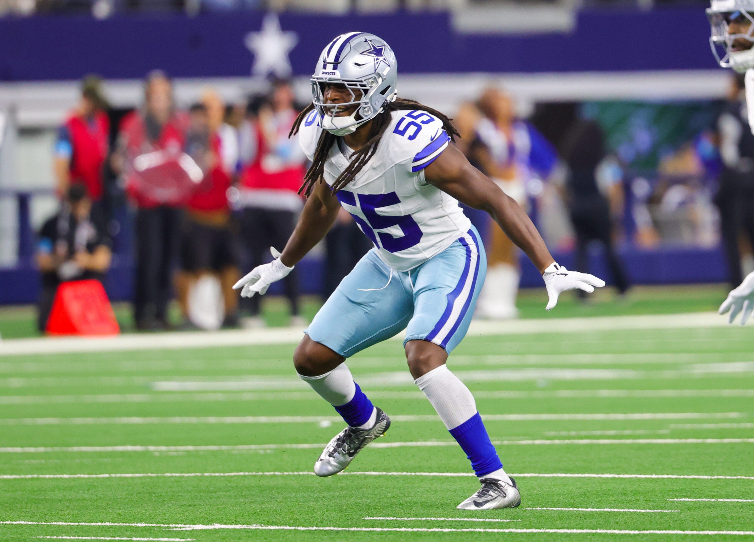 Aug 28, 2026; Arlington, Texas, USA; Dallas Cowboys linebacker Jaishawn Barham (55) on defense during the first half against the New Orleans Saints at AT&T Stadium.
