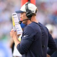 Aug 29, 2026; Nashville, Tennessee, USA; Chicago Bears head coach Ben Johnson in the second quarter against the Tennessee Titans at Nissan Stadium.