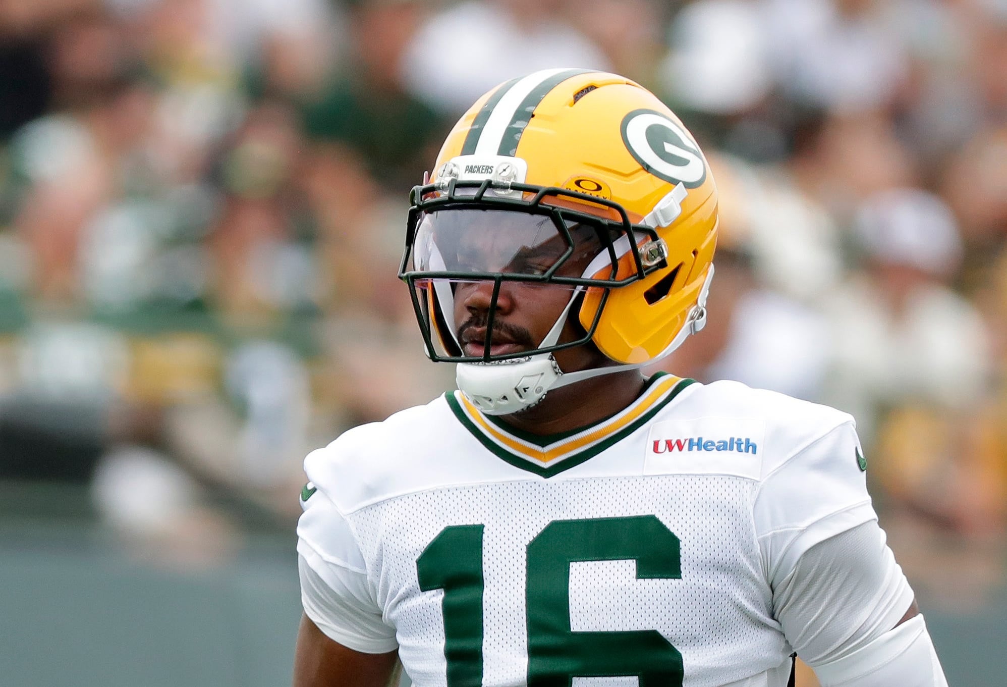 Green Bay Packers wide receiver Bo Melton (16) during the third day of training camp on July 31, 2026, at Ray Nitschke Field in Ashwaubenon, Wis.