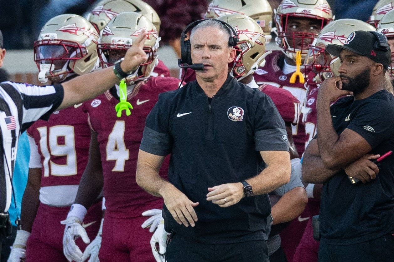 Florida State Seminoles head coach Mike Norvell watches from the sidelines. The Florida State Seminoles lead the New Mexico State Aggies 17-7 at the half on Saturday, Aug. 29, 2026.