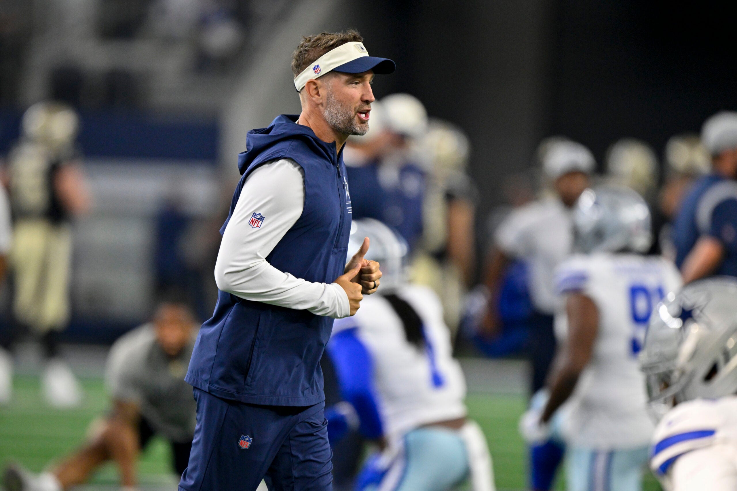 Aug 28, 2026; Arlington, Texas, USA; Dallas Cowboys head coach Brian Schottenheimer looks on before the game between the Cowboys and the Saints at AT&T Stadium.