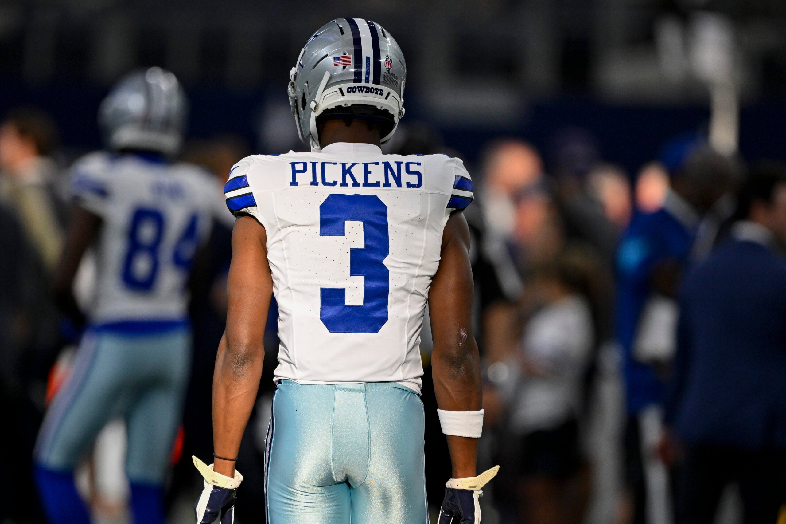 Aug 28, 2026; Arlington, Texas, USA; Dallas Cowboys wide receiver George Pickens (3) looks on before the game between the Cowboys and the Saints at AT&T Stadium.