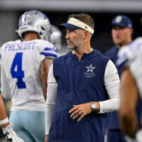 Aug 28, 2026; Arlington, Texas, USA; Dallas Cowboys head coach Brian Schottenheimer looks on before the game between the Cowboys and the Saints at AT&T Stadium.