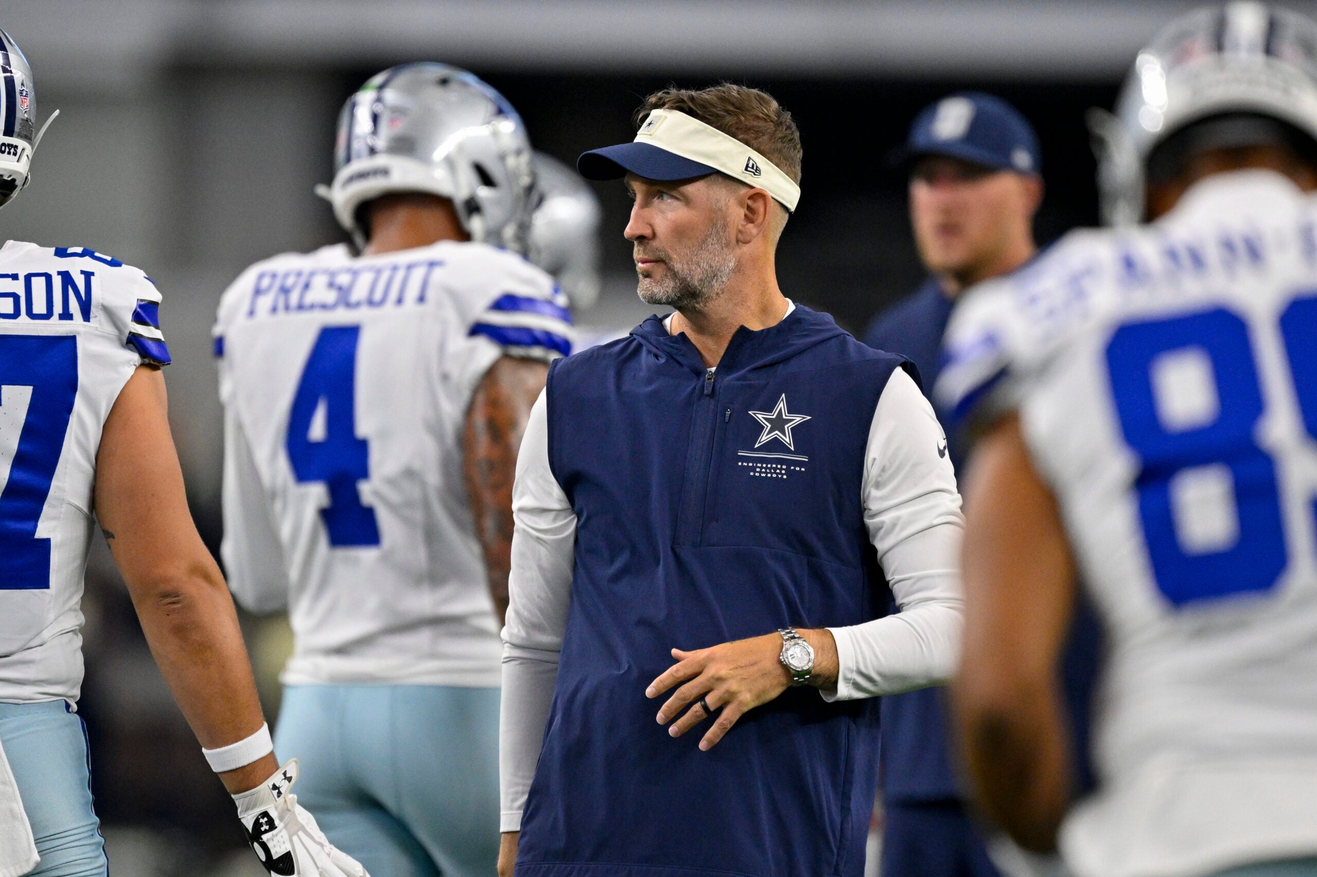 Aug 28, 2026; Arlington, Texas, USA; Dallas Cowboys head coach Brian Schottenheimer looks on before the game between the Cowboys and the Saints at AT&T Stadium.