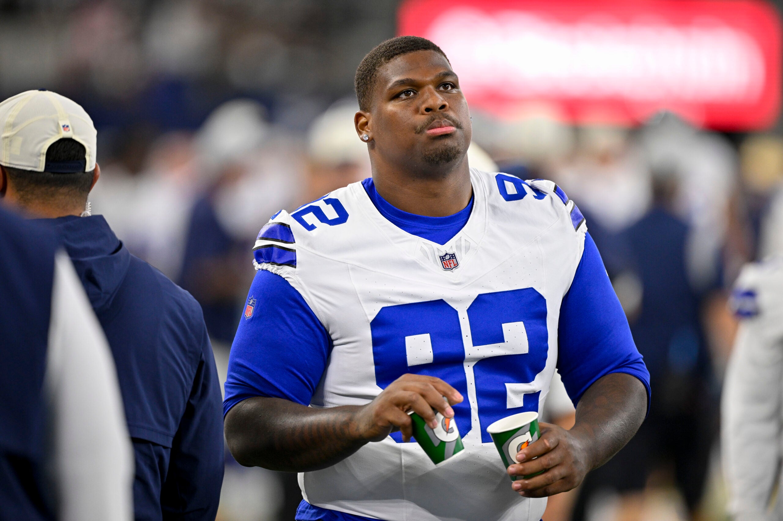 Aug 28, 2026; Arlington, Texas, USA; Dallas Cowboys defensive tackle Quinnen Williams (92) looks on during the game between the Cowboys and the Saints at AT&T Stadium.