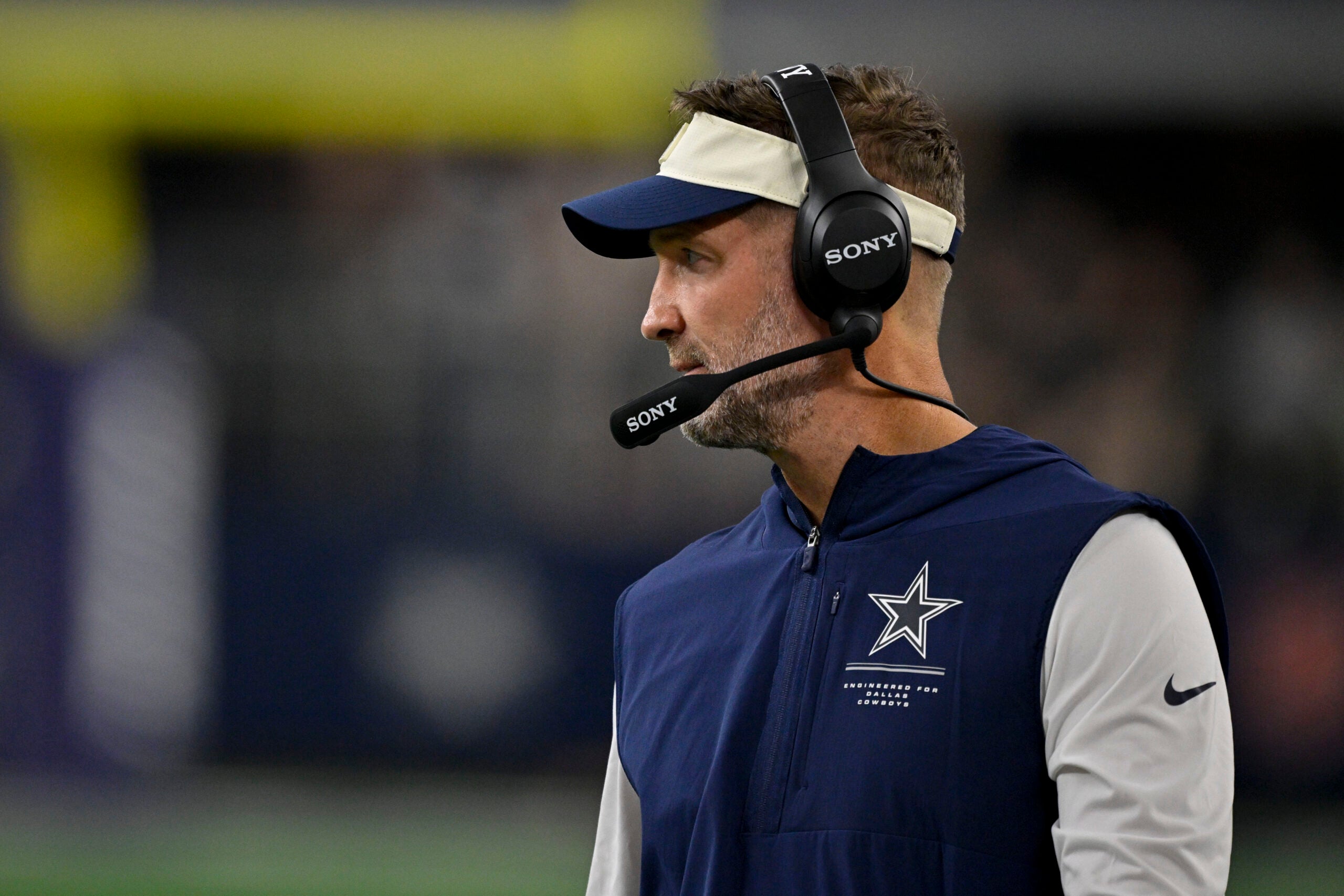 Aug 28, 2026; Arlington, Texas, USA; Dallas Cowboys head coach Brian Schottenheimer looks on during the game between the Cowboys and the Saints at AT&T Stadium.