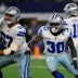 Aug 28, 2026; Arlington, Texas, USA; Dallas Cowboys offensive tackle Drew Shelton (67) and running back Israel Abanikanda (30) block during the game between the Cowboys and the Saints at AT&T Stadium.
