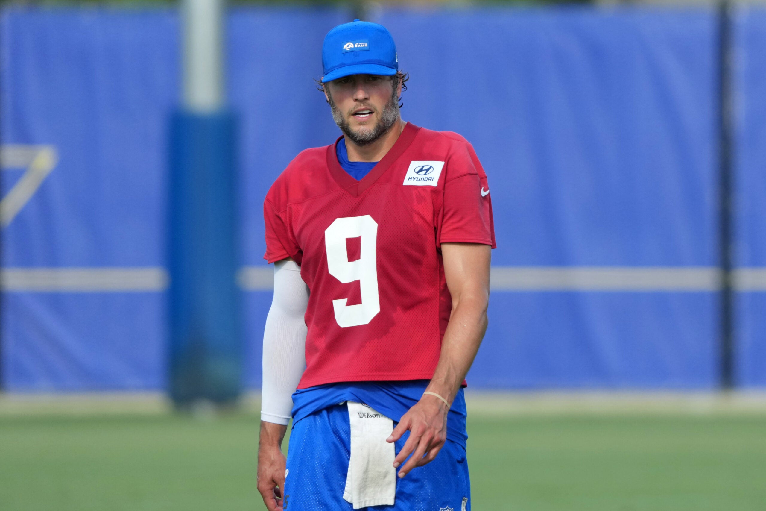 Aug 30, 2026; Woodland Hills, CA, USA; Los Angeles Rams quarterback Matthew Stafford (9) at practice at the Rams Practice Facility.