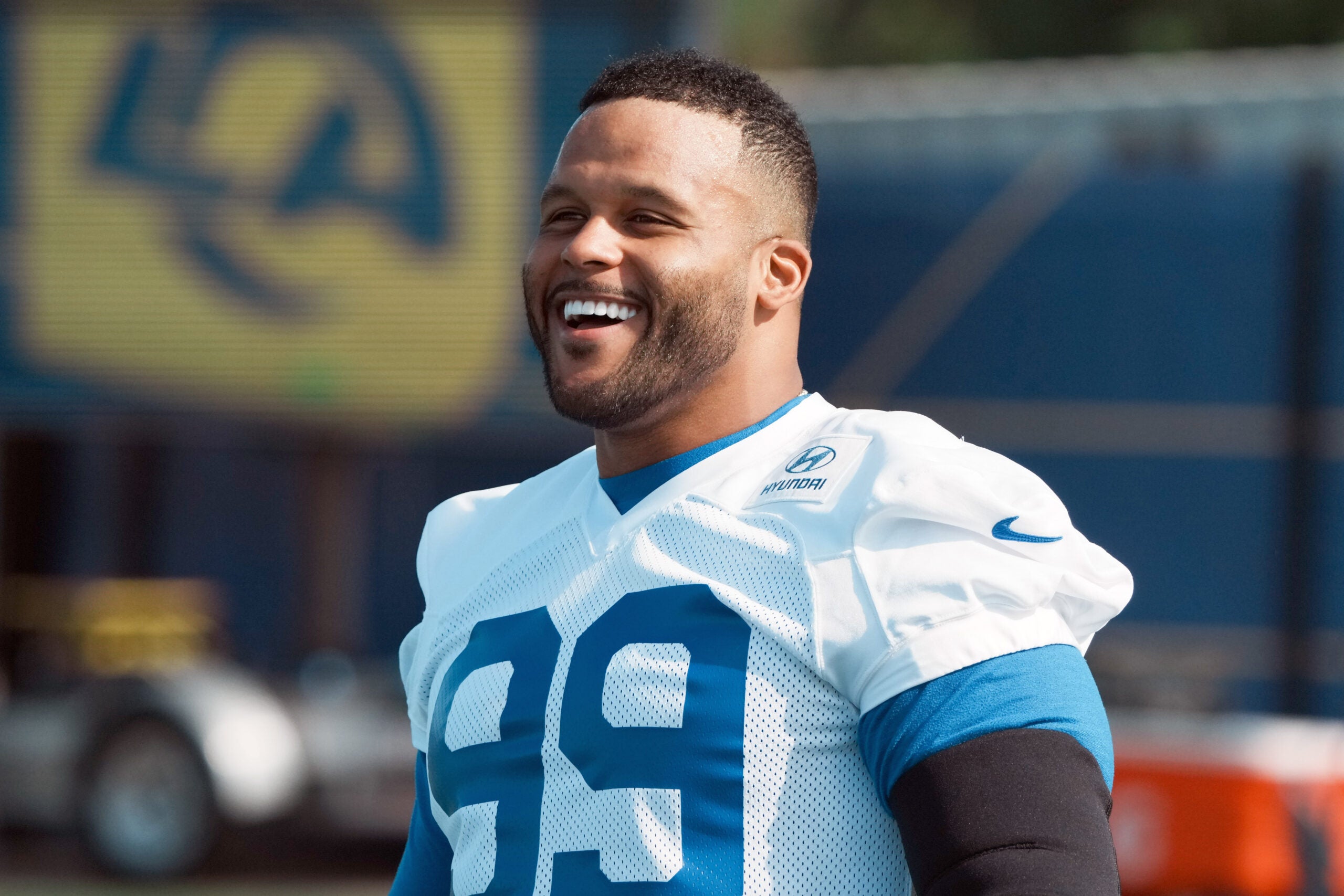Aug 30, 2026; Woodland Hills, CA, USA; Los Angeles Rams defensive end Aaron Donald (99) at practice at the Rams Practice Facility.