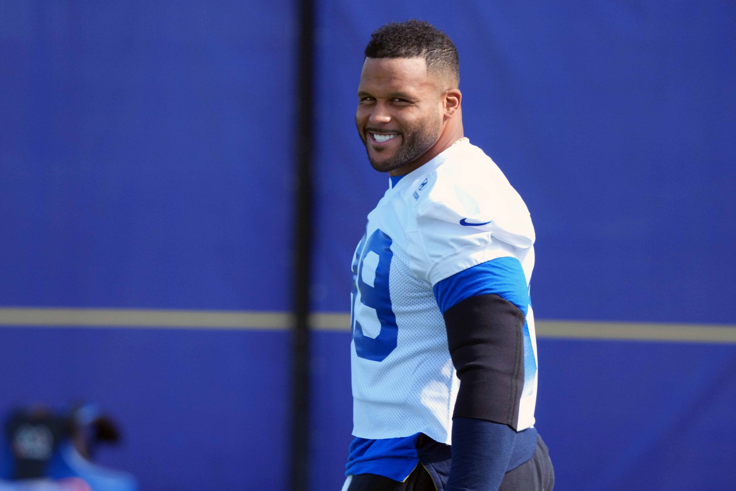 Aug 30, 2026; Woodland Hills, CA, USA; Los Angeles Rams defensive end Aaron Donald (99) at practice at the Rams Practice Facility.