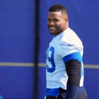 Aug 30, 2026; Woodland Hills, CA, USA; Los Angeles Rams defensive end Aaron Donald (99) at practice at the Rams Practice Facility.