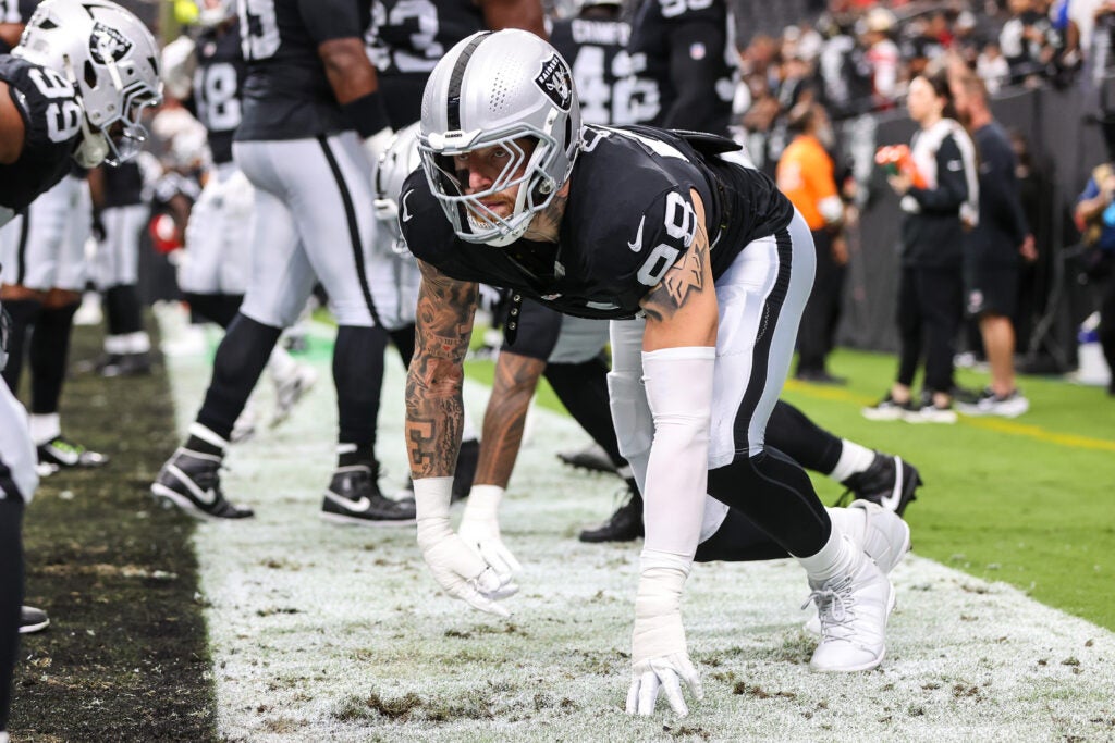 Aug 27, 2026; Paradise, Nevada, USA; Las Vegas Raiders defensive lineman Maxx Crosby (98) warms up before the game against the San Francisco 49ers at Allegiant Stadium.