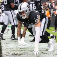 Aug 27, 2026; Paradise, Nevada, USA; Las Vegas Raiders defensive lineman Maxx Crosby (98) warms up before the game against the San Francisco 49ers at Allegiant Stadium.