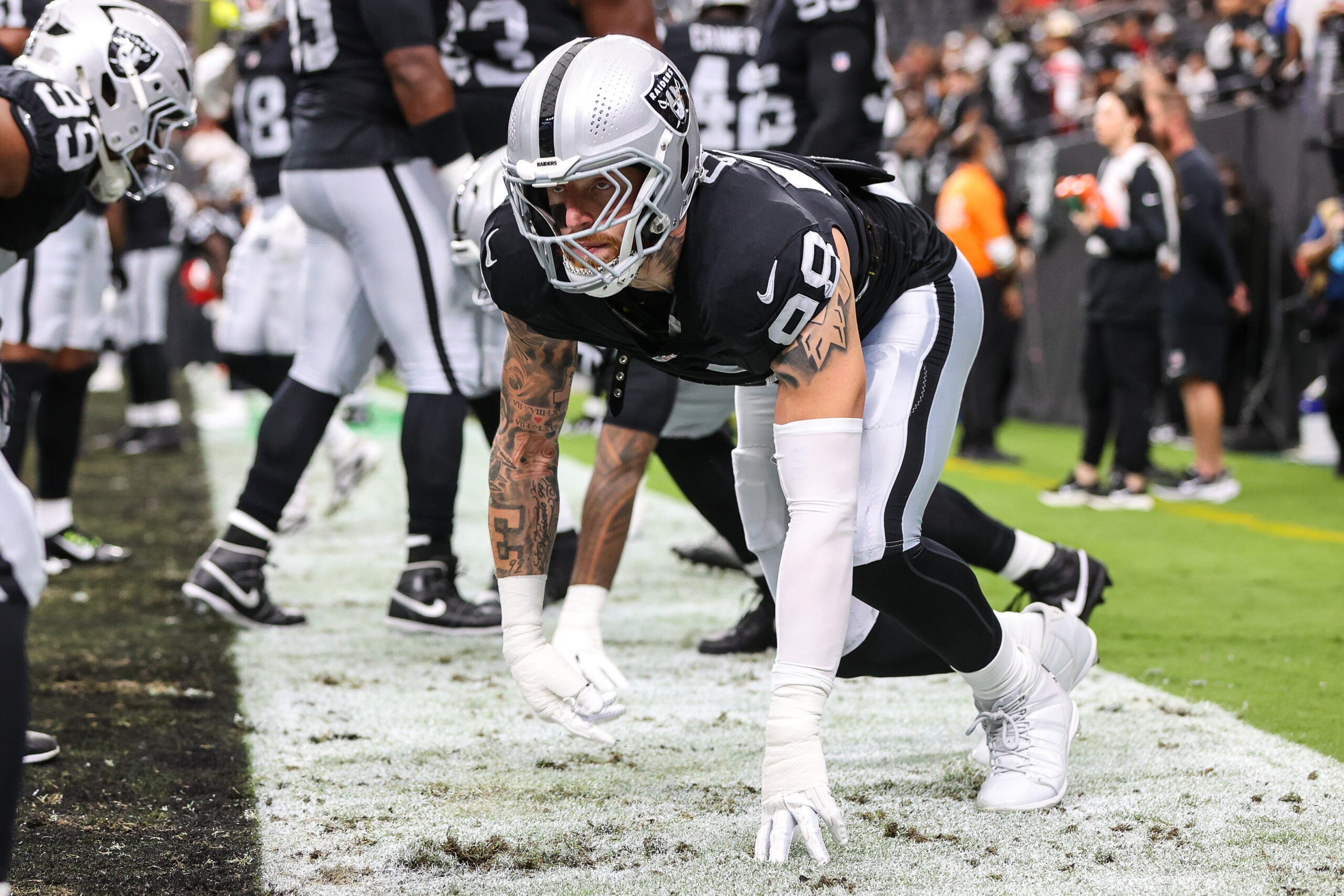 Aug 27, 2026; Paradise, Nevada, USA; Las Vegas Raiders defensive lineman Maxx Crosby (98) warms up before the game against the San Francisco 49ers at Allegiant Stadium.
