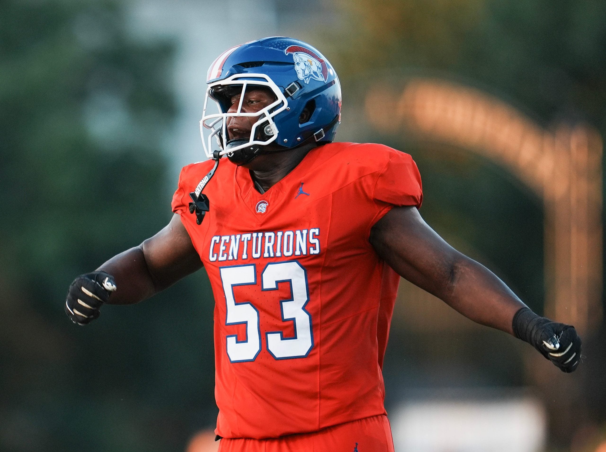 Christian Academy of Louisvilles Kellan Hall (53) celebrates after sacking Owensboro High Schools Tyson Biggs (16) in the first half at Centurion Stadium in Louisville. August 28, 2026