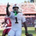 Sep 4, 2026; Stanford, California, USA; Miami Hurricanes wide receiver Malachi Toney (1) reacts after scoring on a touchdown reception against the Stanford Cardinal during the first quarter at Stanford Stadium.