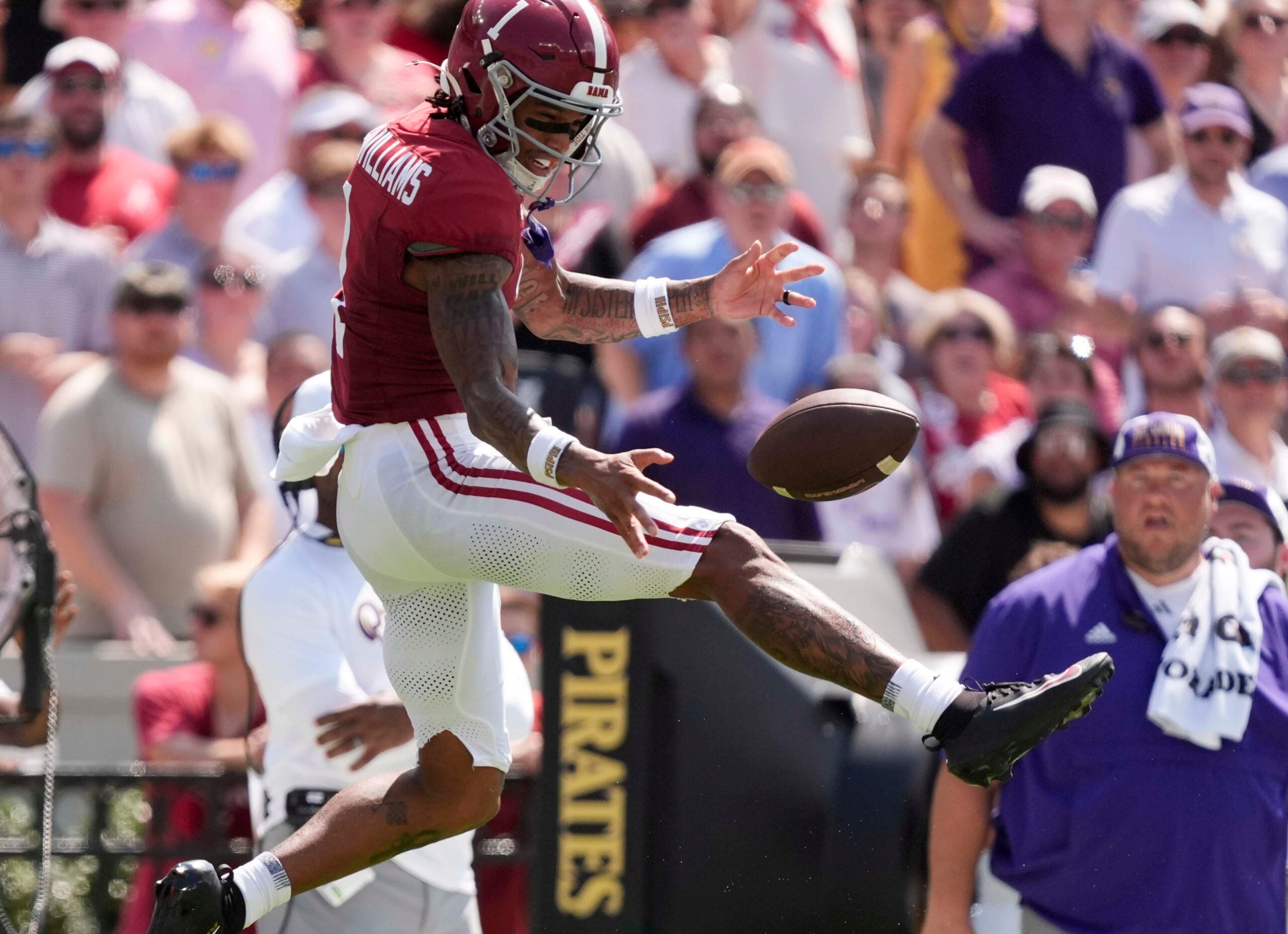 Sep 5, 2026; Tuscaloosa, AL, USA; Alabama wide receiver Ryan Coleman-Williams (1) drops a pass during the first quarter of the game with East Carolina at Saban Field in Bryant-Denny Stadium.