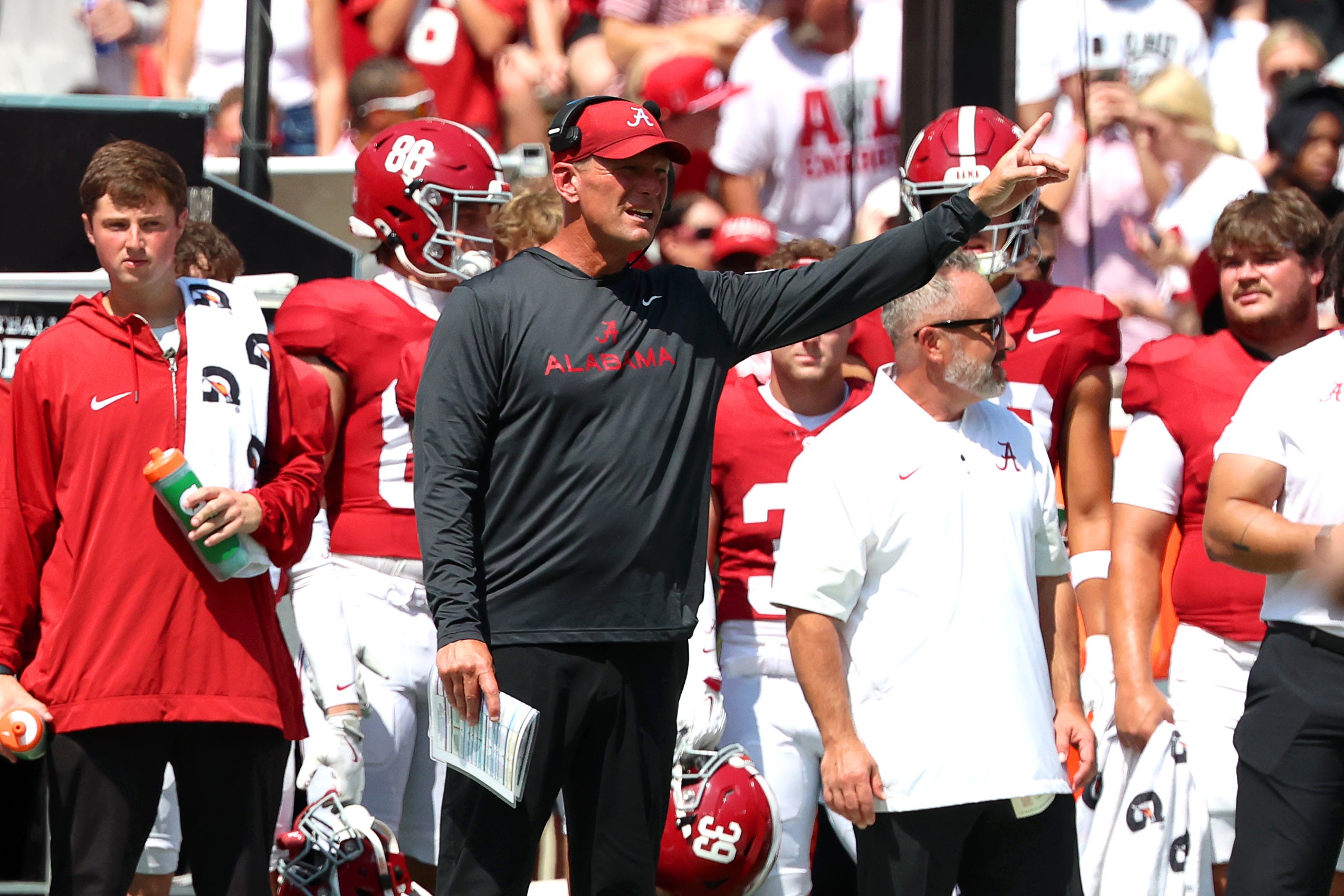 Sep 5, 2026; Tuscaloosa, Alabama, USA; Alabama Crimson Tide head coach Kalen DeBoer observes from the sidelines during the first quarter against the East Carolina Pirates at Saban Field at Bryant-Denny Stadium.