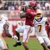 Sep 5, 2026; Tuscaloosa, AL, USA; Alabama wide receiver Ryan Coleman-Williams (1) catches a pass between East Carolina defensive back Kamaurri McKinley (8) and East Carolina defensive back Ashton Levells-Mitchell (7) at Saban Field in Bryant-Denny Stadium.