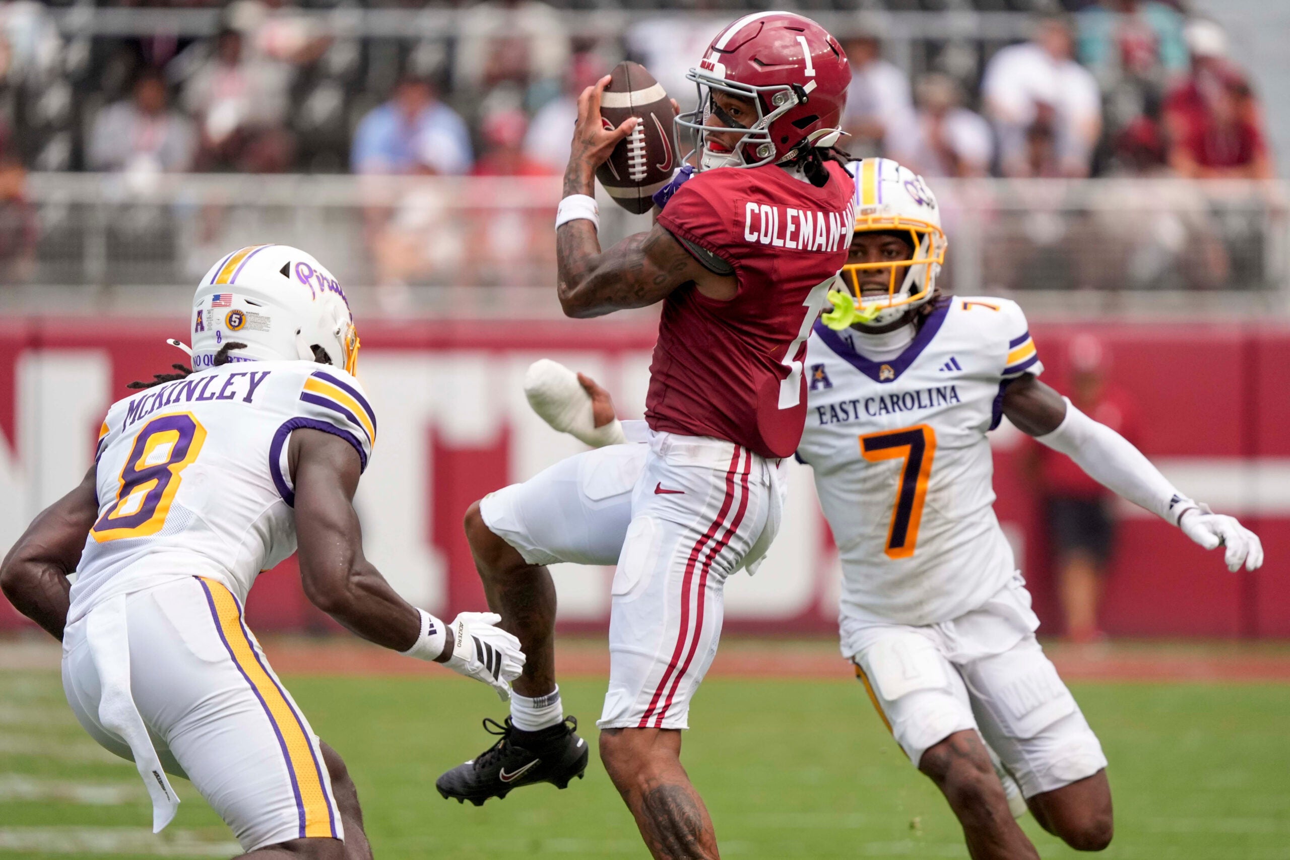 Sep 5, 2026; Tuscaloosa, AL, USA; Alabama wide receiver Ryan Coleman-Williams (1) catches a pass between East Carolina defensive back Kamaurri McKinley (8) and East Carolina defensive back Ashton Levells-Mitchell (7) at Saban Field in Bryant-Denny Stadium.