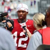 Sep 5, 2026; Tuscaloosa, Alabama, USA; Alabama Crimson Tide quarterback Keelon Russell (12) speaks to the media after a game against the East Carolina Pirates at Saban Field at Bryant-Denny Stadium.