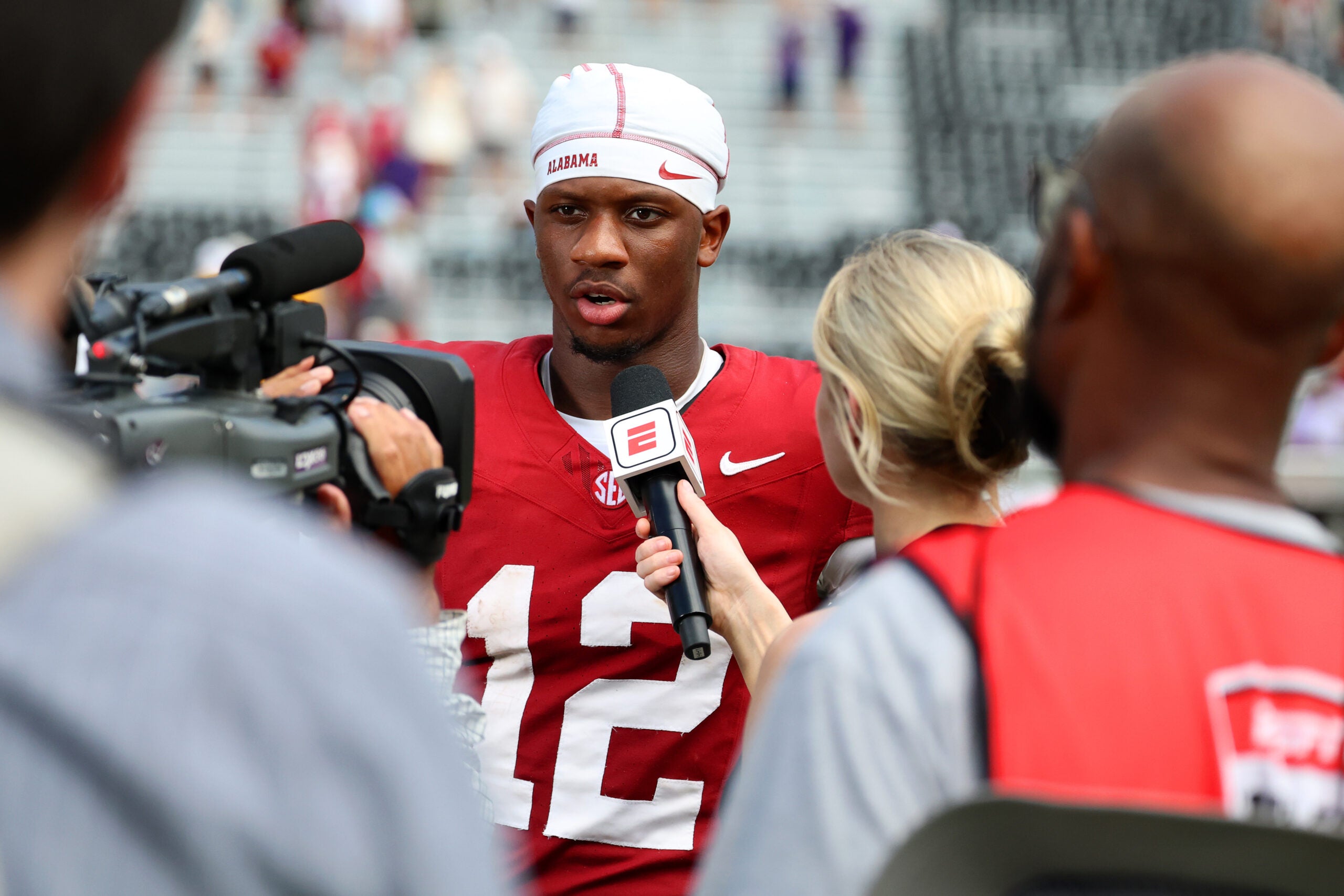 Sep 5, 2026; Tuscaloosa, Alabama, USA; Alabama Crimson Tide quarterback Keelon Russell (12) speaks to the media after a game against the East Carolina Pirates at Saban Field at Bryant-Denny Stadium.