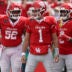 Sep 5, 2026; Houston, Texas, USA; Houston Cougars quarterback Conner Weigman (1) reacts with offensive lineman Anthony Boswell (52) and wide receiver Amare Thomas (0) after a play during the fourth quarter against the Oregon State Beavers at TDECU Stadium.