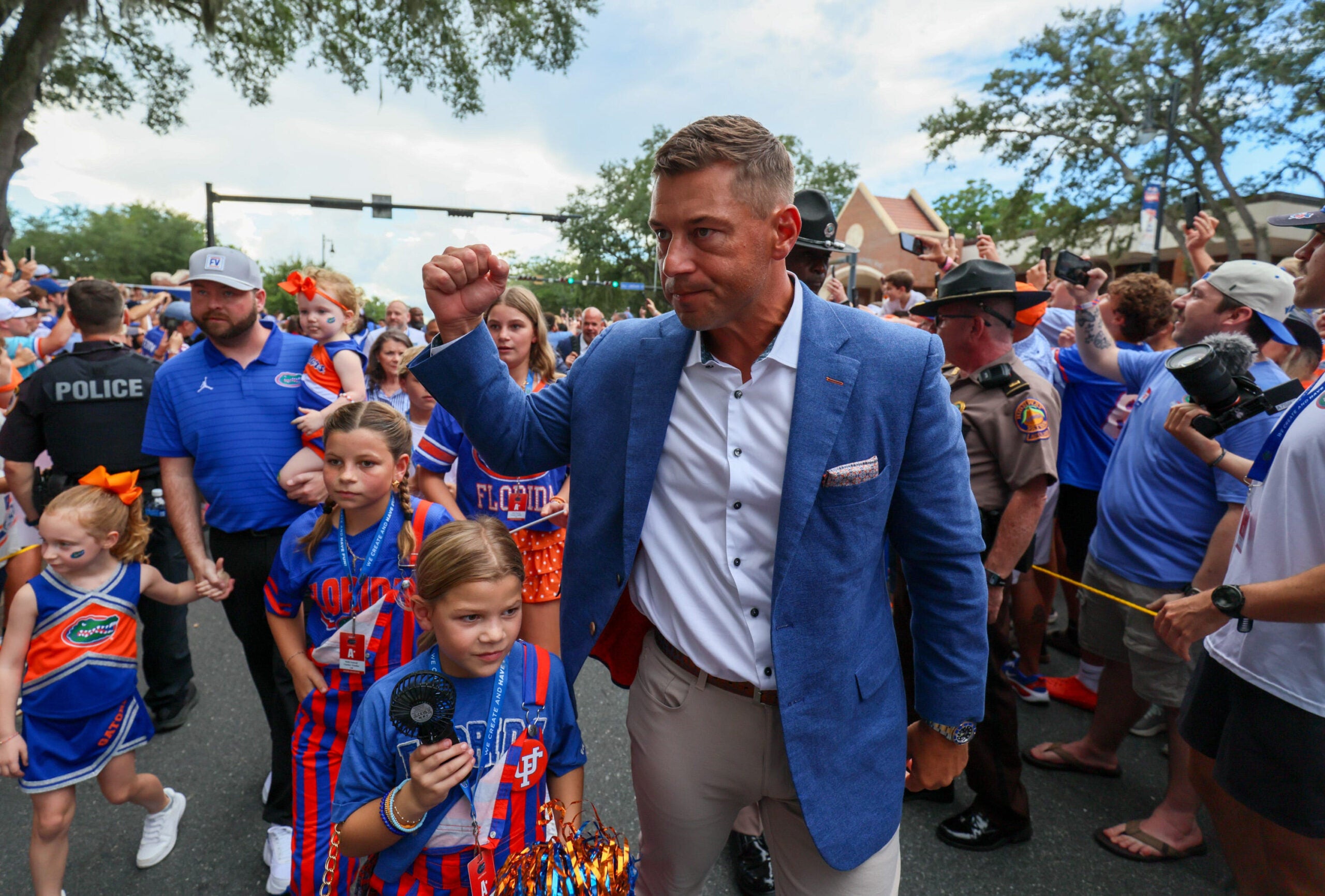 Florida head coach Jon Sumrall meets the crowd during Gator Walk before an NCAA football game at Steve Spurrier Field at Ben Hill Griffin Stadium in Gainesville, FL on Saturday, September 5, 2026.
