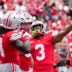 Ohio State Buckeyes wide receiver Devin McCuin (3) celebrates with wide receiver Jeremiah Smith (4) after Smith scored a touchdown in the first half of the NCAA football game at Ohio Stadium on Sept. 5, 2026 in Columbus, Ohio.