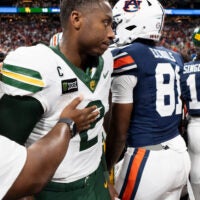 Baylor Bears quarterback DJ Lagway (2) after the game as Auburn Tigers take on Baylor Bears in the Aflac Kickoff Game at Mercedes-Benz Stadium in Atlanta, Ga. on Saturday, Sept. 5, 2026. Auburn Tigers defeated Baylor Bears 17-16.