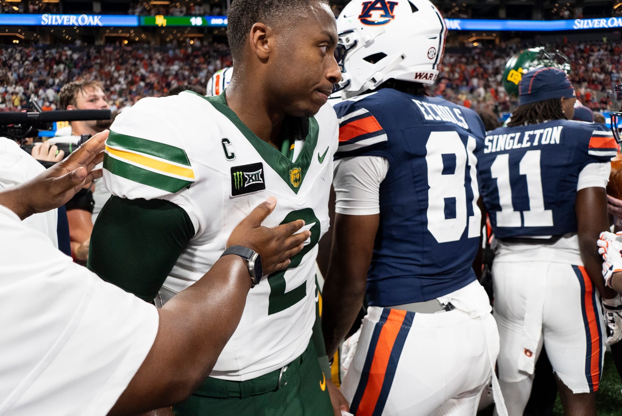 Baylor Bears quarterback DJ Lagway (2) after the game as Auburn Tigers take on Baylor Bears in the Aflac Kickoff Game at Mercedes-Benz Stadium in Atlanta, Ga. on Saturday, Sept. 5, 2026. Auburn Tigers defeated Baylor Bears 17-16.