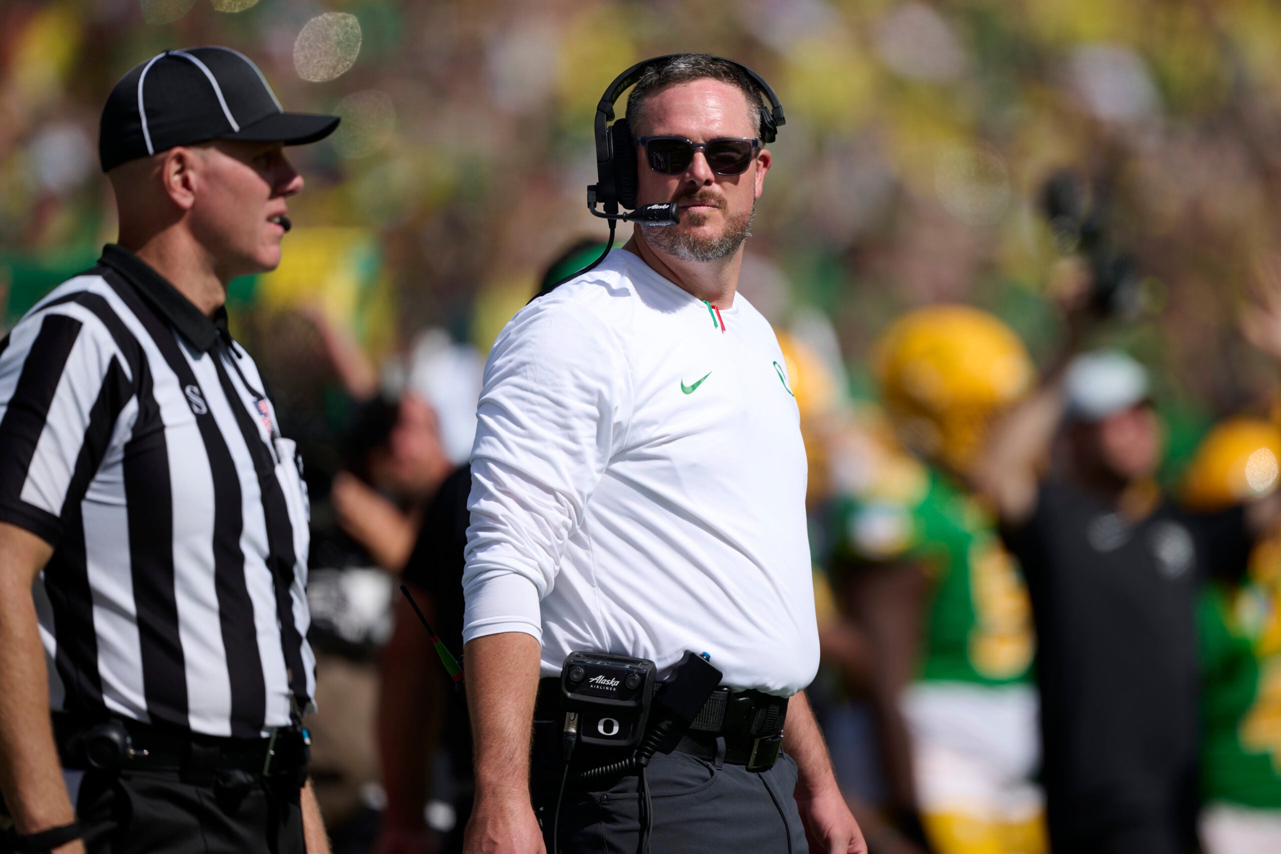 Sep 5, 2026; Eugene, Oregon, USA; Oregon Ducks head coach Dan Lanning asks for a video review during the second half in a game against the Boise State Broncos at Autzen Stadium.