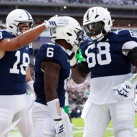 Sep 5, 2026; University Park, Pennsylvania, USA; Penn State Nittany Lions wide receiver Koby Howard (6) is congratulated by teammates after scoring a touchdown during the first quarter against the Marshall Thundering Herd at West Shore Home Field at Beaver Stadium.