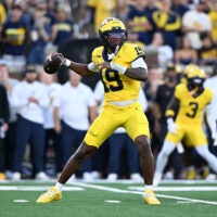Sep 5, 2026; Ann Arbor, Michigan, USA; Michigan quarterback Bryce Underwood (19) throws a pass against Western Michigan in the first quarter at Michigan Stadium.