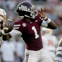 Sep 5, 2026; Starkville, Mississippi, USA; Mississippi State Bulldogs quarterback Kamario Taylor (1) passes the ball during the first quarter against the Louisiana Monroe Warhawks at Davis Wade Stadium at Scott Field.