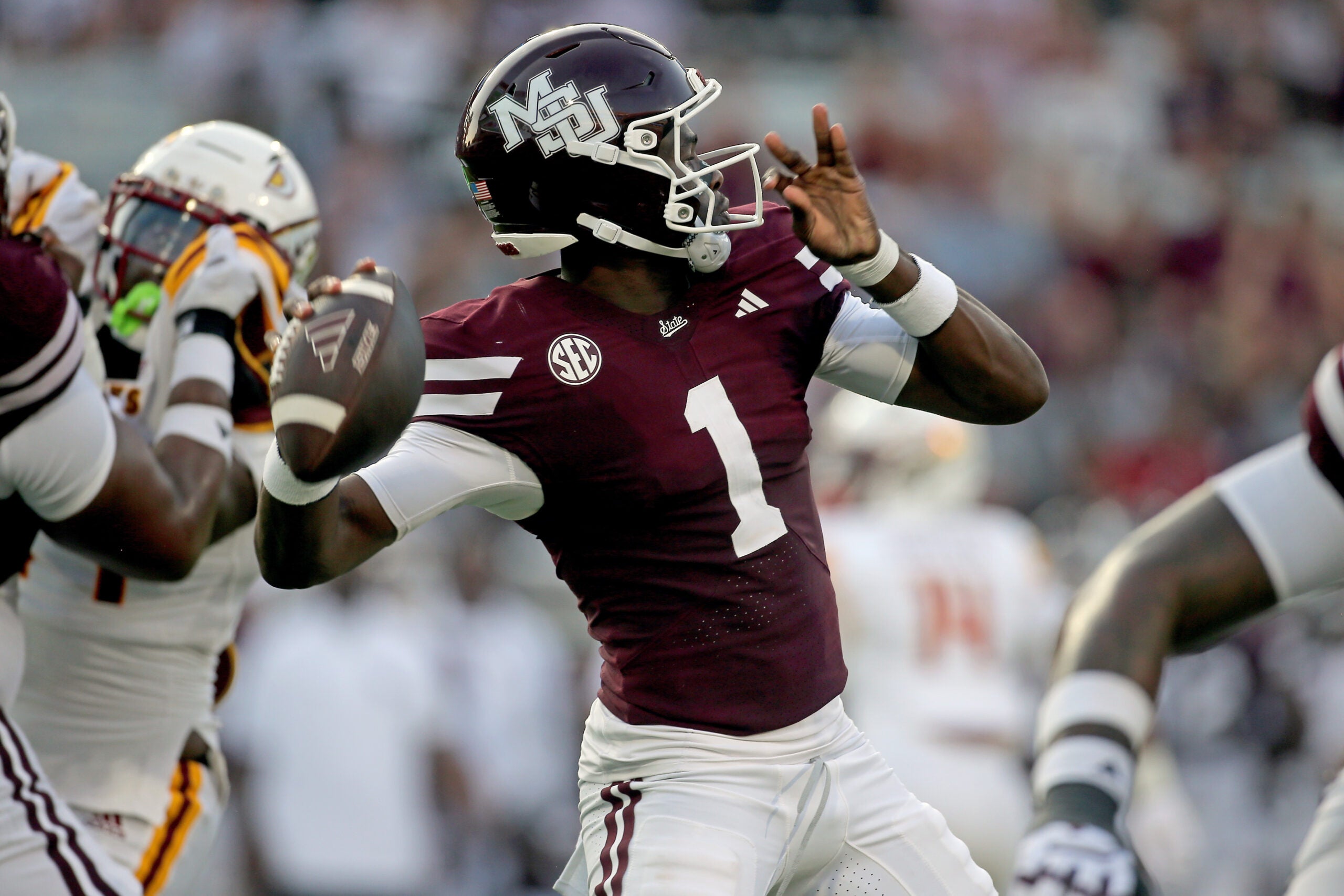 Sep 5, 2026; Starkville, Mississippi, USA; Mississippi State Bulldogs quarterback Kamario Taylor (1) passes the ball during the first quarter against the Louisiana Monroe Warhawks at Davis Wade Stadium at Scott Field.