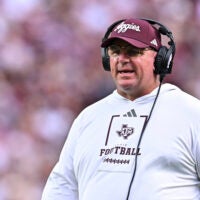 Sep 5, 2026; College Station, Texas, USA; Texas A&M Aggies head coach Mike Elko walks onto the field during a time-out in the first quarter against the Missouri State Bears at Kyle Field.