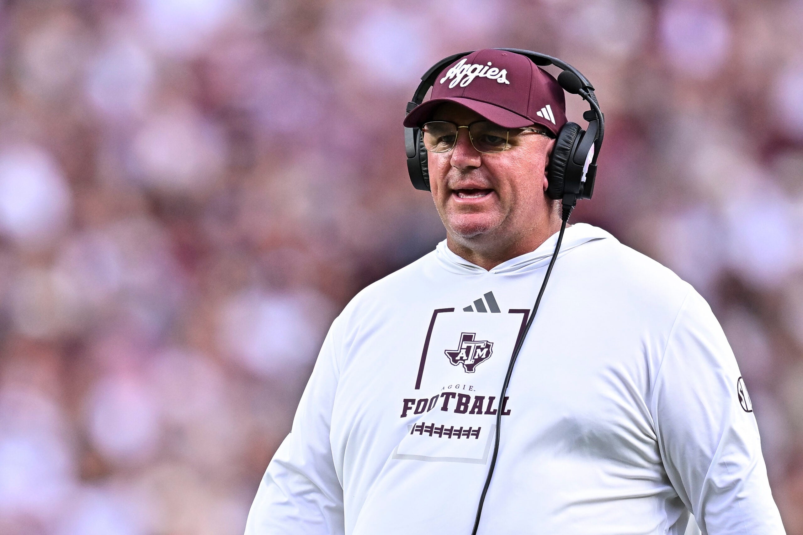 Sep 5, 2026; College Station, Texas, USA; Texas A&M Aggies head coach Mike Elko walks onto the field during a time-out in the first quarter against the Missouri State Bears at Kyle Field.