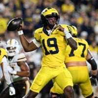 Sep 5, 2026; Ann Arbor, Michigan, USA; Michigan quarterback Bryce Underwood (19) throws an interception against Western Michigan in the second quarter at Michigan Stadium.
