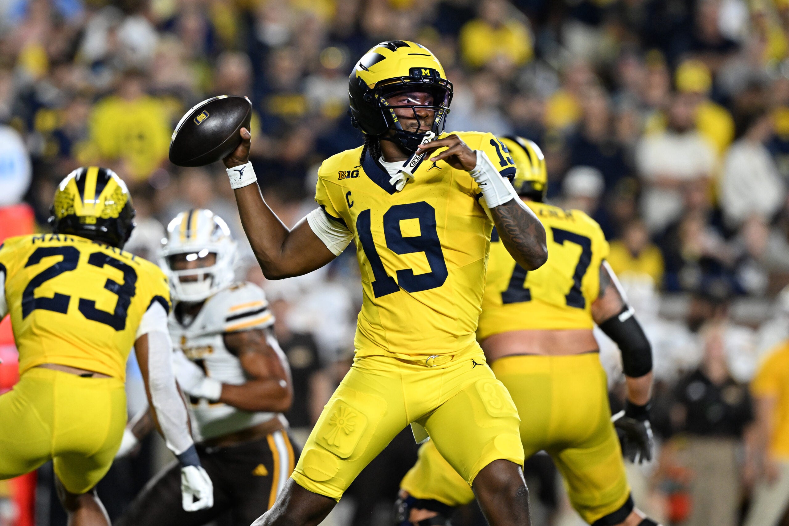 Sep 5, 2026; Ann Arbor, Michigan, USA; Michigan quarterback Bryce Underwood (19) throws an interception against Western Michigan in the second quarter at Michigan Stadium.