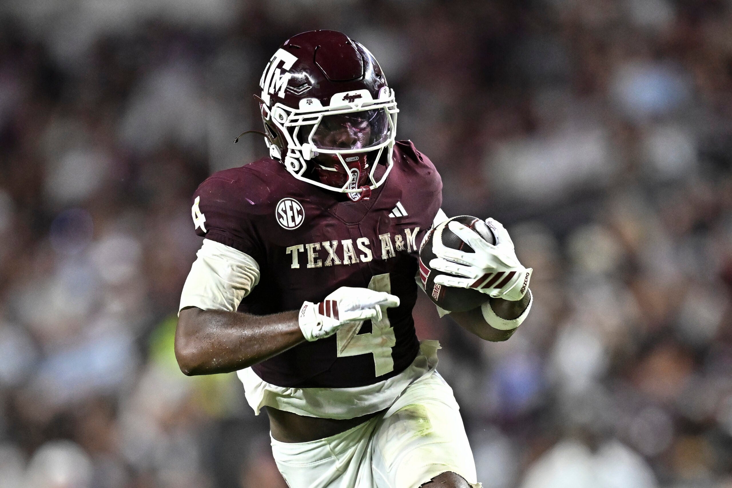 Sep 5, 2026; College Station, Texas, USA; Texas A&M Aggies running back Rueben Owens II (4) runs the ball during the third quarter against the Missouri State Bears at Kyle Field.
