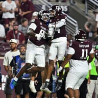 Sep 5, 2026; College Station, Texas, USA; Texas A&M Aggies defensive tackle DJ Sanders (88) his fumble recovery during the fourth quarter against the Missouri State Bears at Kyle Field.