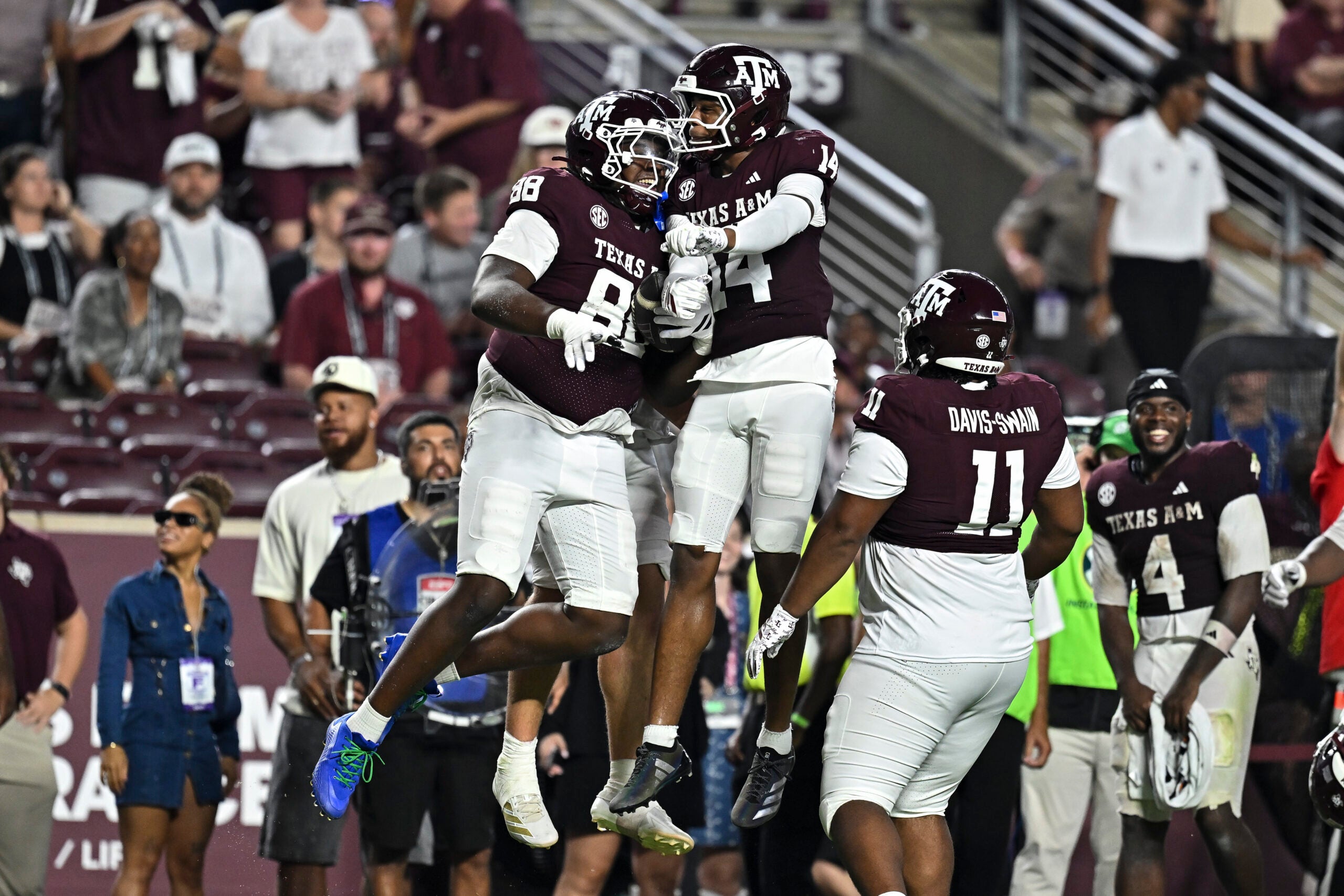 Sep 5, 2026; College Station, Texas, USA; Texas A&M Aggies defensive tackle DJ Sanders (88) his fumble recovery during the fourth quarter against the Missouri State Bears at Kyle Field.