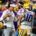 Sep 5, 2026; Baton Rouge, Louisiana, USA; LSU Tigers head coach Lane Kiffin talks to quarterback Sam Leavitt (10) against Clemson Tigers during the first half at Tiger Stadium.