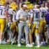 Sep 5, 2026; Baton Rouge, Louisiana, USA; LSU Tigers head coach Lane Kiffin talks to quarterback Sam Leavitt (10) against Clemson Tigers during the first half at Tiger Stadium.