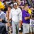 Sep 5, 2026; Baton Rouge, Louisiana, USA; LSU Tigers head coach Lane Kiffin reacts to a touchdown by quarterback Sam Leavitt (not pictured) against Clemson Tigers during the first half at Tiger Stadium.